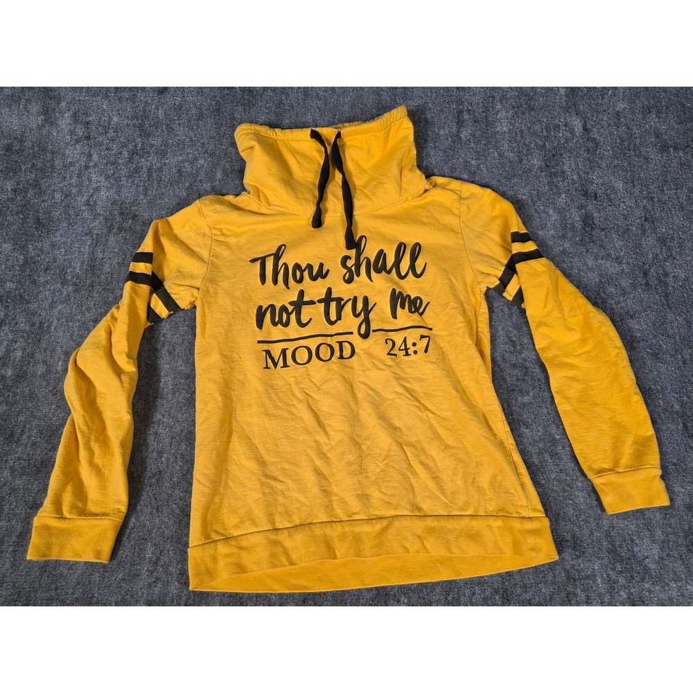 On Fire Womens XL Mustard Yellow Cowl Neck Graphic Hoodie Sweatshirt 24:7
